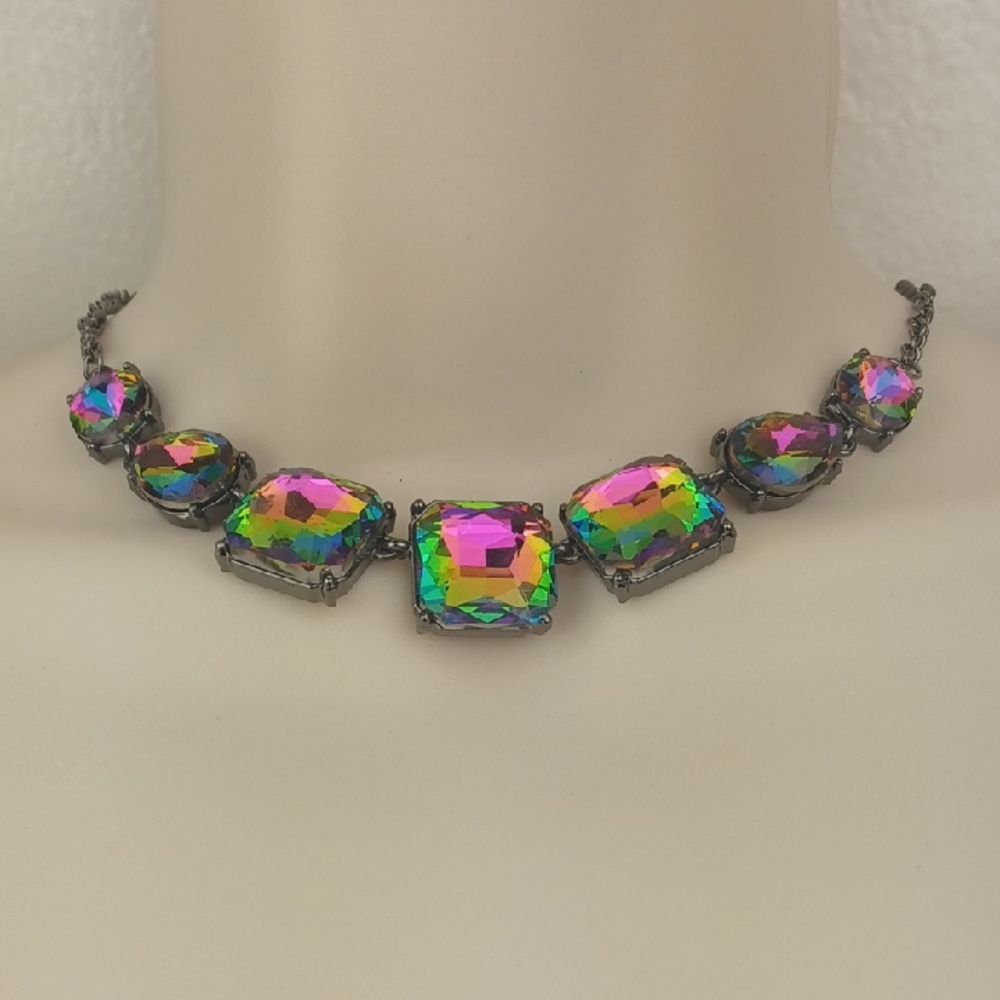 Multicolor Iridescent Oil Spill Crystal Choker Necklace & Earrings